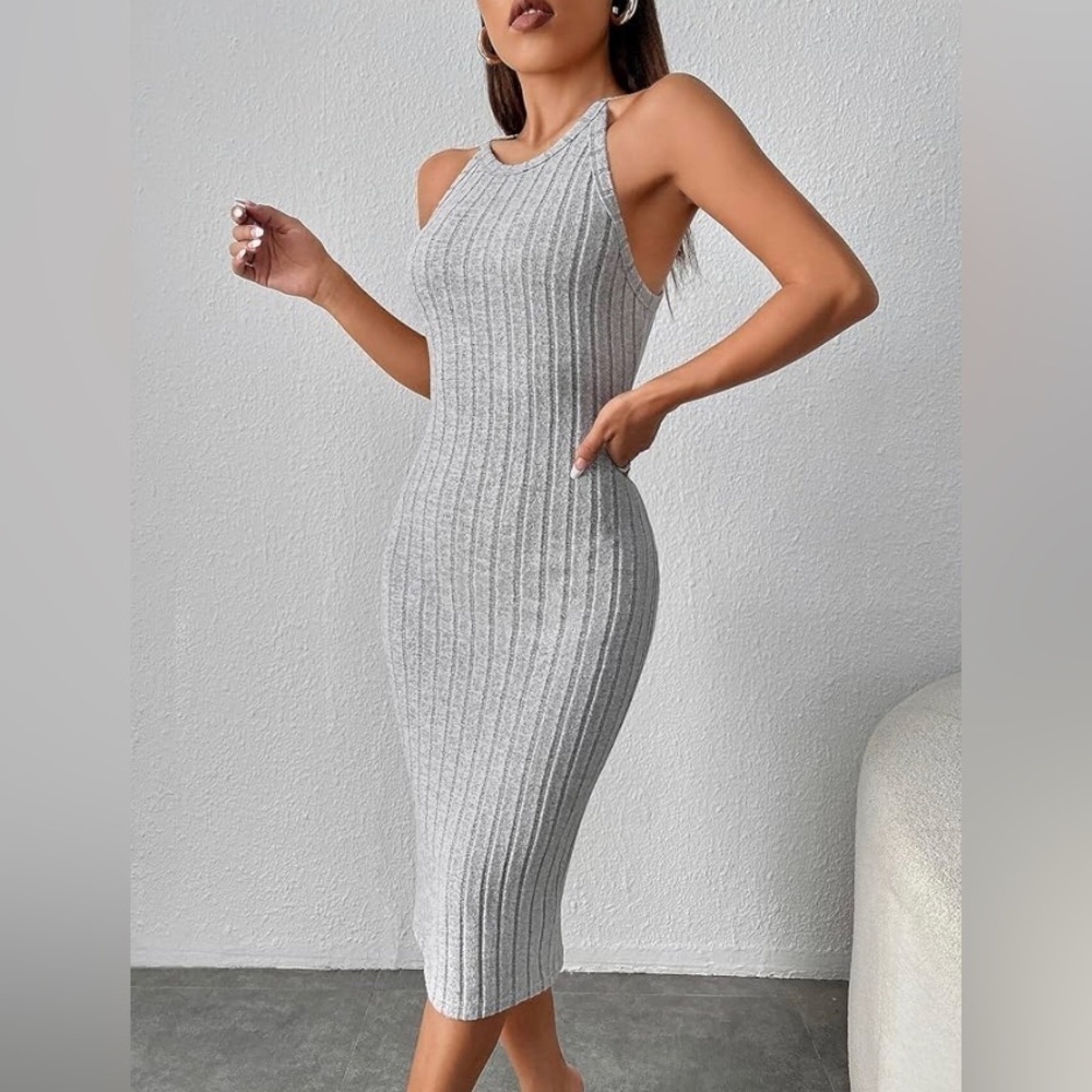 NWT Womens Gray Halter Ribbed Bodycon Sweater Midi Dress - Picture 5 of 17